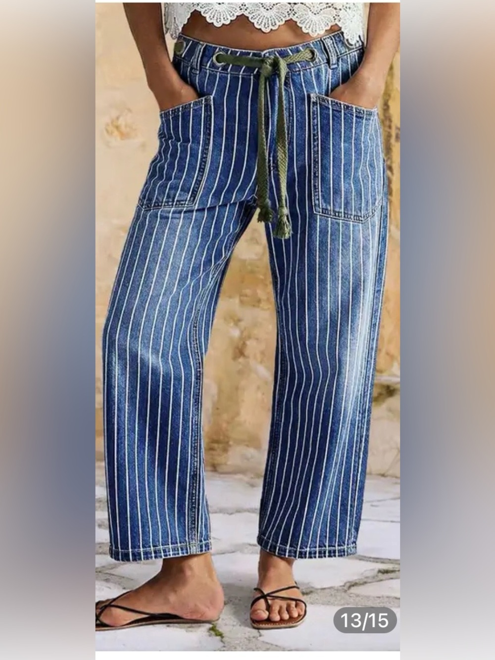 Flamingals Pinstriped Drawstring Patch Pocket High Waist Straight Leg Crop Jeans